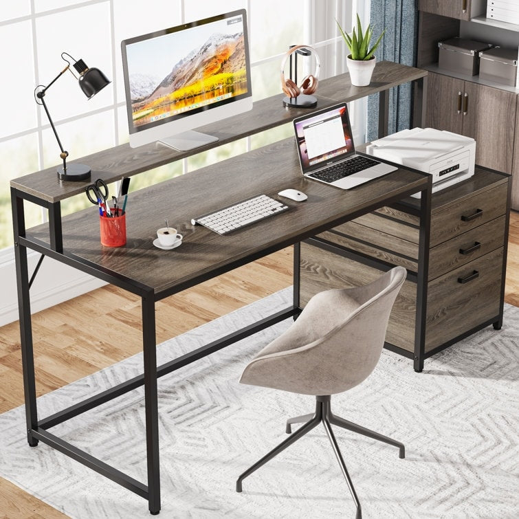 Bureau d'ordinateur 63 avec support d'écran, bureaux ergonomiques à domicile avec tiroirs et classeur