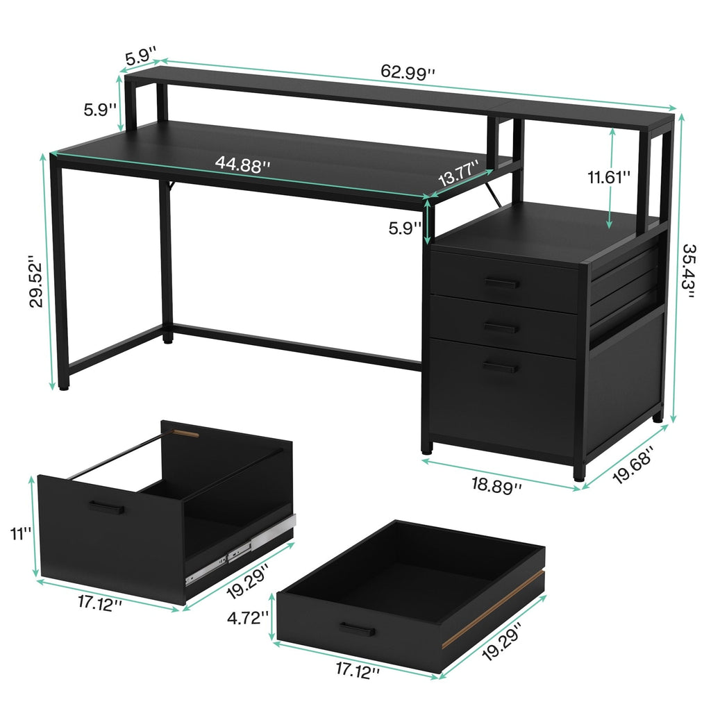 Bureau d'ordinateur 63 avec support d'écran, bureaux ergonomiques à domicile avec tiroirs et classeur