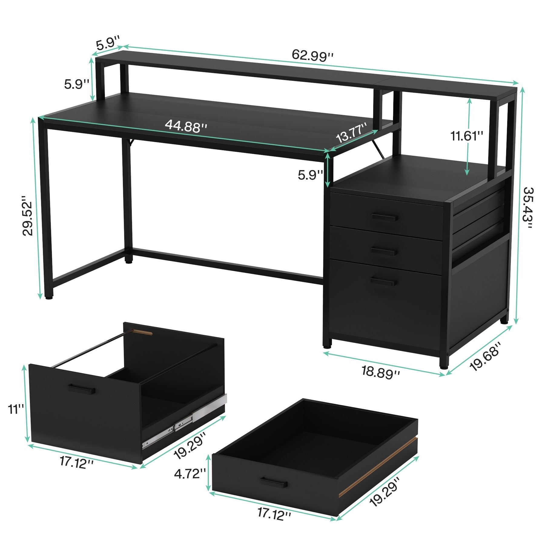 Bureau d'ordinateur 63 avec support d'écran, bureaux ergonomiques à domicile avec tiroirs et classeur