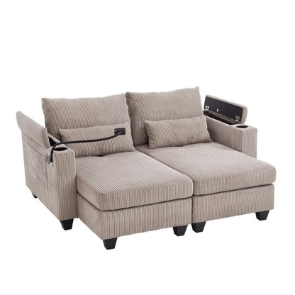 Canapé-lit convertible en velours côtelé de 63 pouces avec ports USB, deux porte-gobelets et un support pour téléphone pour le salon