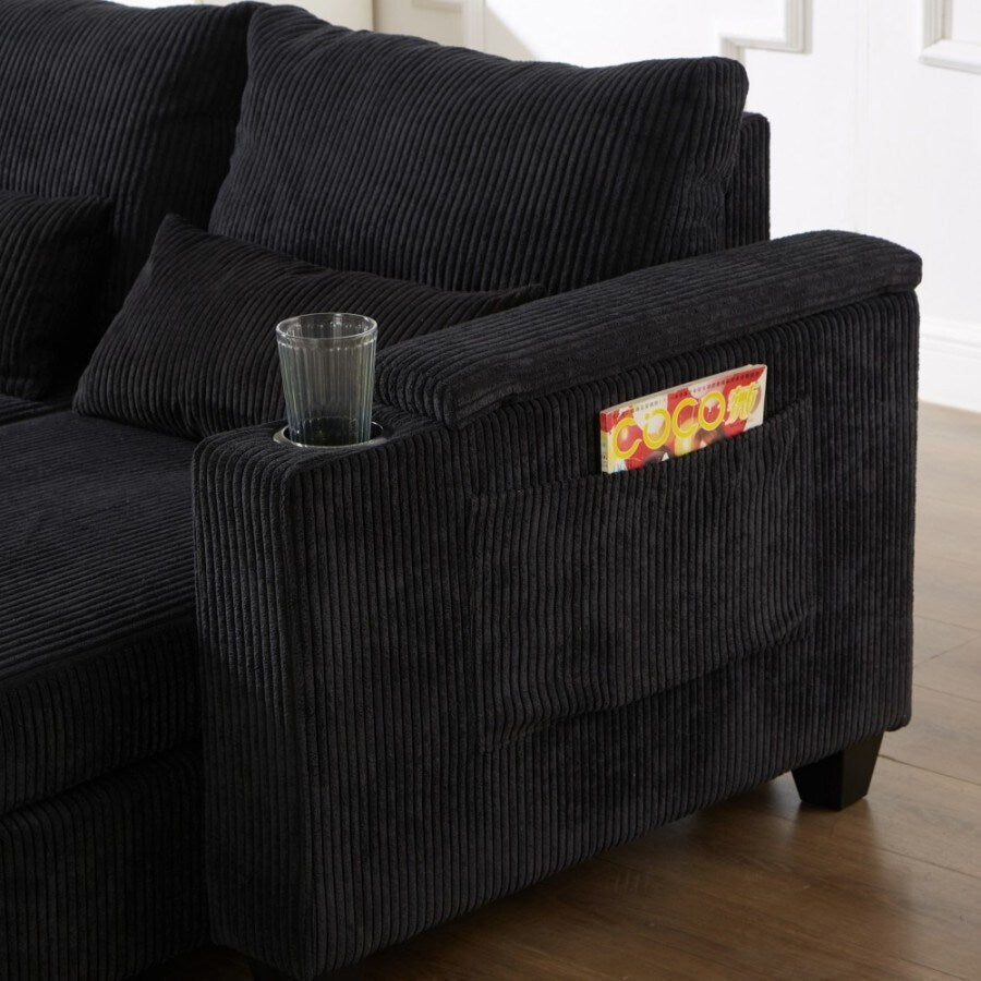 Canapé-lit convertible en velours côtelé de 63 pouces avec ports USB, deux porte-gobelets et un support pour téléphone pour le salon