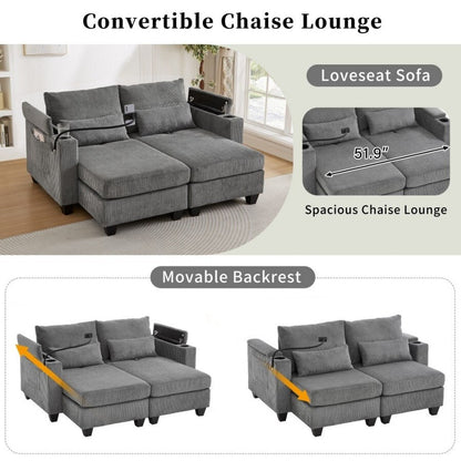 Canapé-lit convertible en velours côtelé de 63 pouces avec ports USB, deux porte-gobelets et un support pour téléphone pour le salon