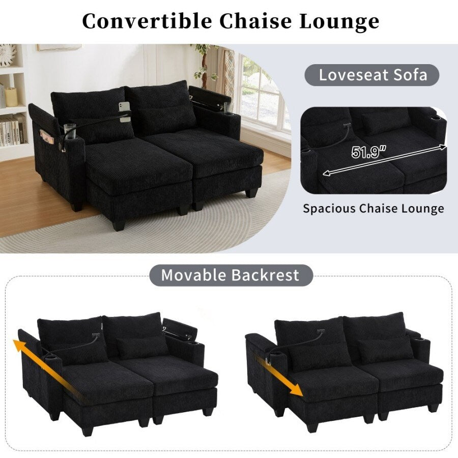 Canapé-lit convertible en velours côtelé de 63 pouces avec ports USB, deux porte-gobelets et un support pour téléphone pour le salon
