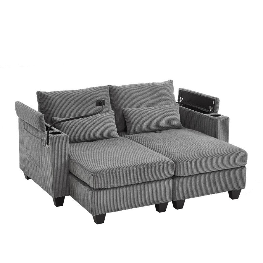 Canapé-lit convertible en velours côtelé de 63 pouces avec ports USB, deux porte-gobelets et un support pour téléphone pour le salon