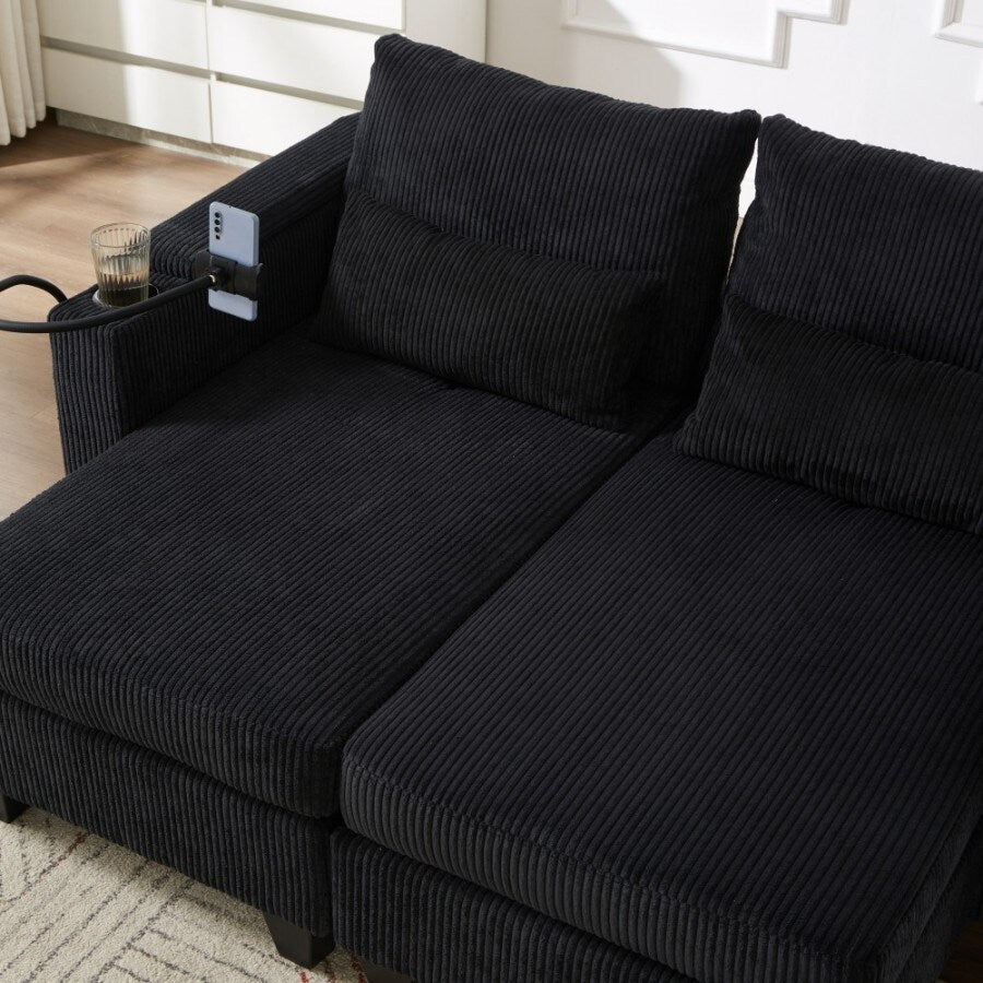 Canapé-lit convertible en velours côtelé de 63 pouces avec ports USB, deux porte-gobelets et un support pour téléphone pour le salon