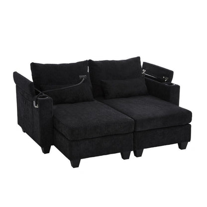 Canapé-lit convertible en velours côtelé de 63 pouces avec ports USB, deux porte-gobelets et un support pour téléphone pour le salon