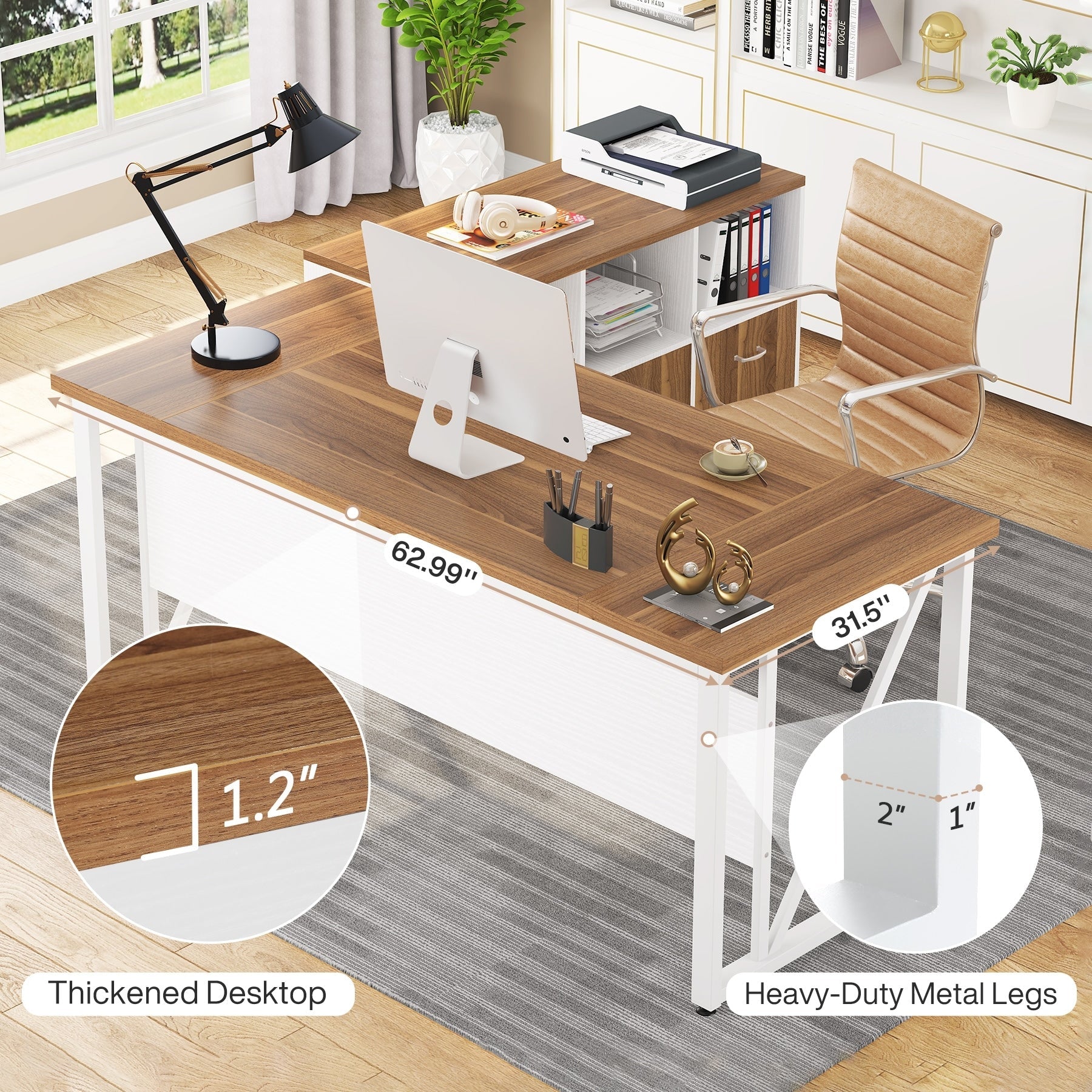 Bureau d'ordinateur en L de 63 pouces avec classeur latéral de 47 pouces, ensemble de bureau de direction pour la maison