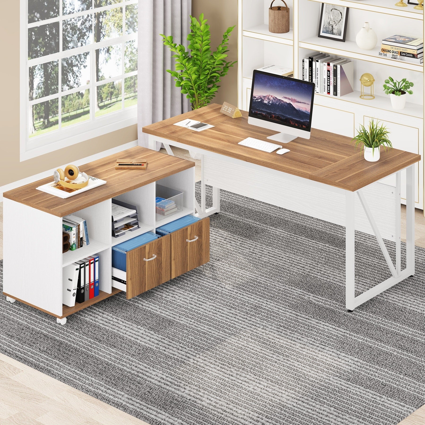 Bureau d'ordinateur en L de 63 pouces avec classeur latéral de 47 pouces, ensemble de bureau de direction pour la maison