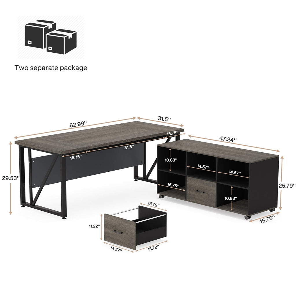 Bureau d'ordinateur en L de 63 pouces avec classeur latéral de 47 pouces, ensemble de bureau de direction pour la maison