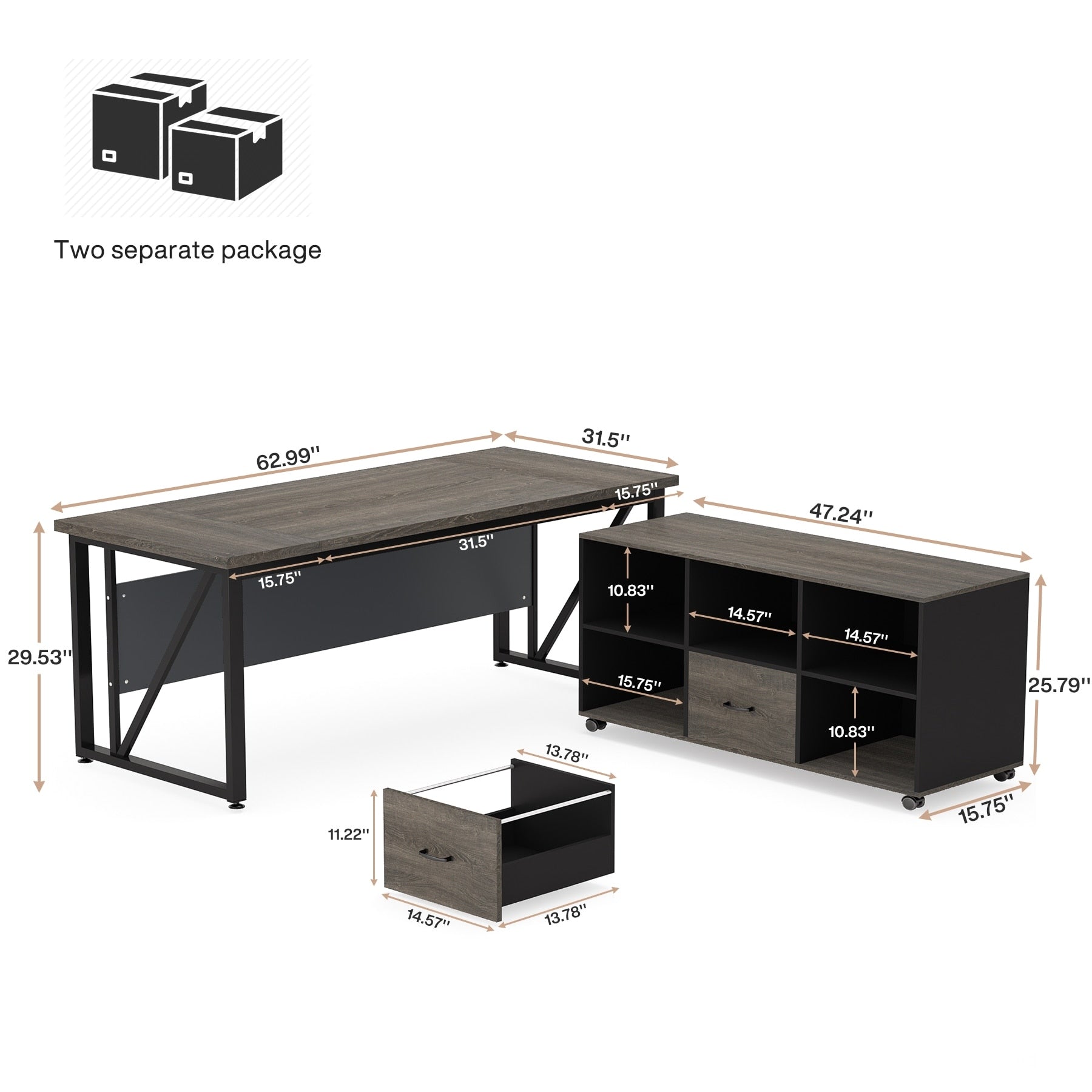 Bureau d'ordinateur en L de 63 pouces avec classeur latéral de 47 pouces, ensemble de bureau de direction pour la maison