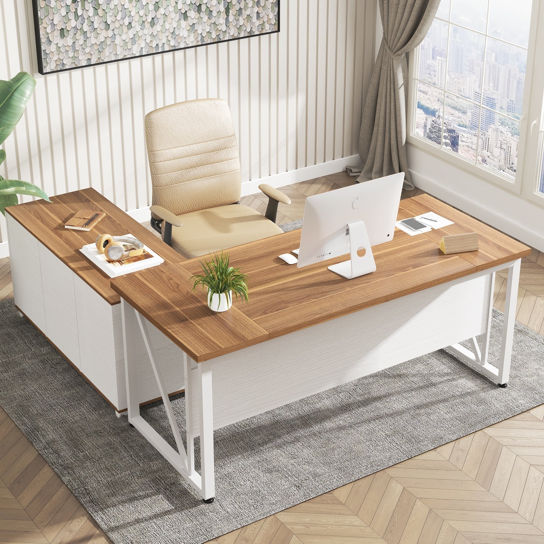 Bureau d'ordinateur en L de 63 pouces avec classeur latéral de 47 pouces, ensemble de bureau de direction pour la maison