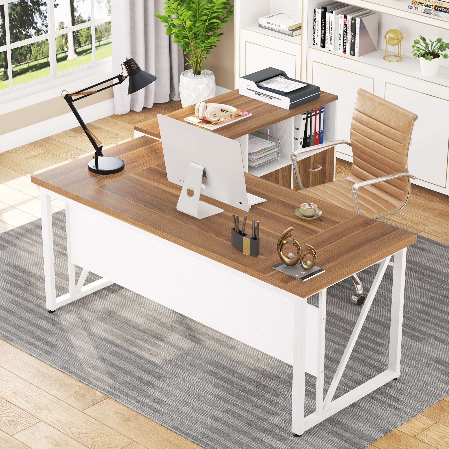 Bureau d'ordinateur en L de 63 pouces avec classeur latéral de 47 pouces, ensemble de bureau de direction pour la maison