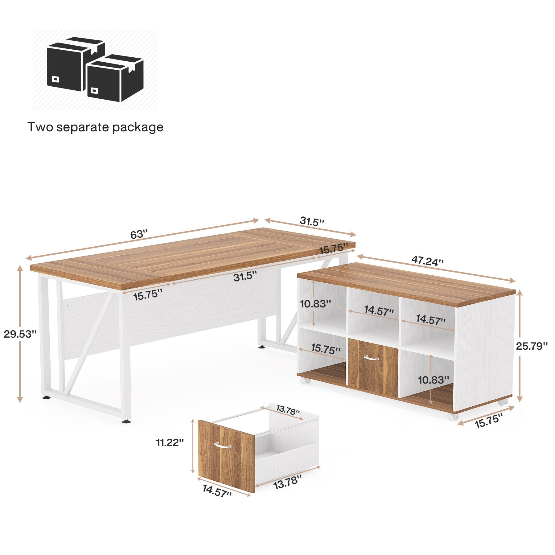 Bureau d'ordinateur en L de 63 pouces avec classeur latéral de 47 pouces, ensemble de bureau de direction pour la maison