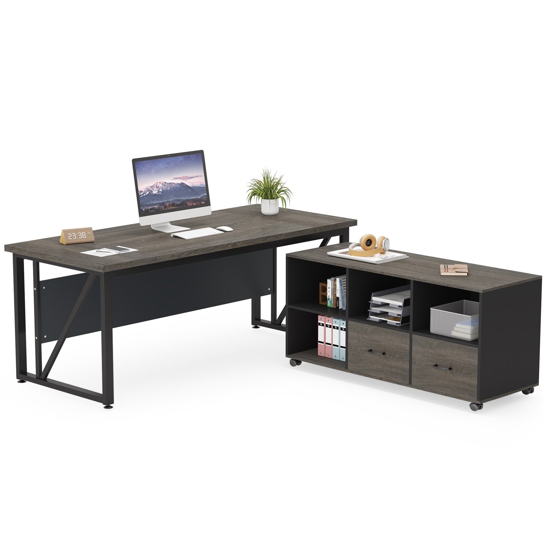 Bureau d'ordinateur en L de 63 pouces avec classeur latéral de 47 pouces, ensemble de bureau de direction pour la maison