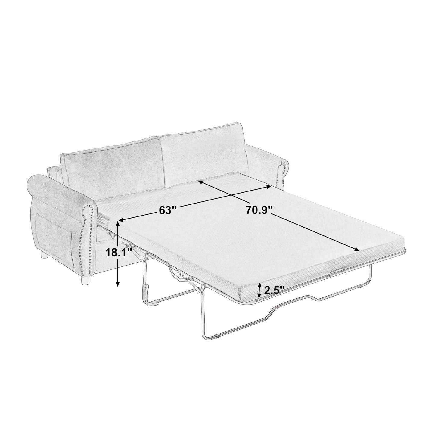 Canapé-lit 3 places en polyester 63 avec matelas gigogne et accoudoirs à rivets rétro