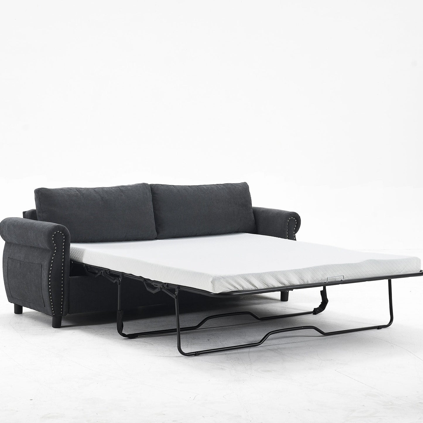 Canapé-lit 3 places en polyester 63 avec matelas gigogne et accoudoirs à rivets rétro