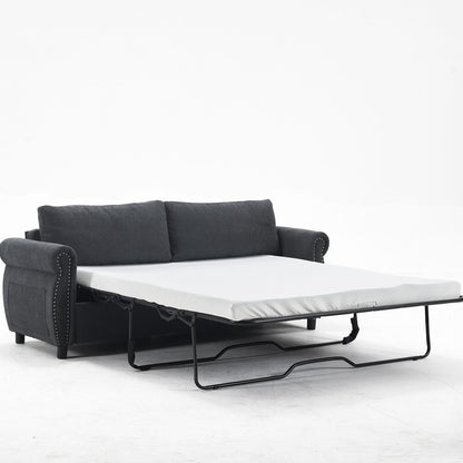 Canapé-lit 3 places en polyester 63 avec matelas gigogne et accoudoirs à rivets rétro