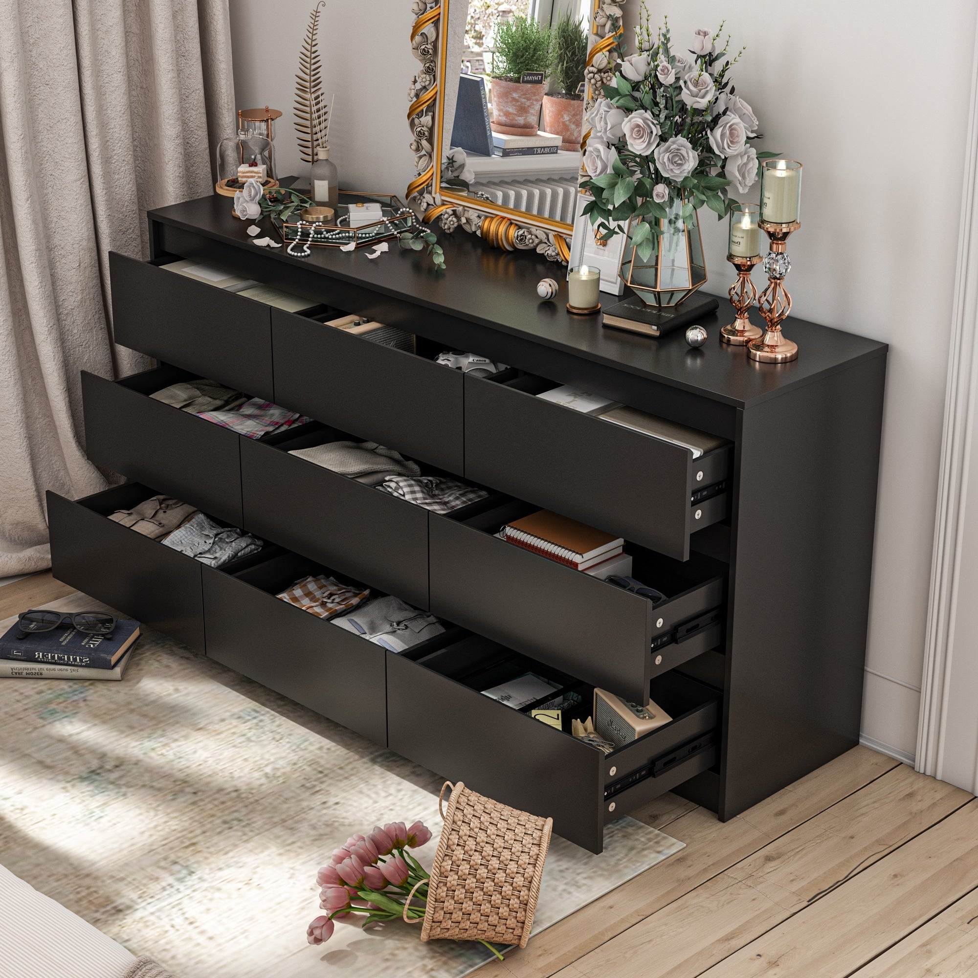 Commode d'appoint à 9 tiroirs 63W pour salon, chambre à coucher