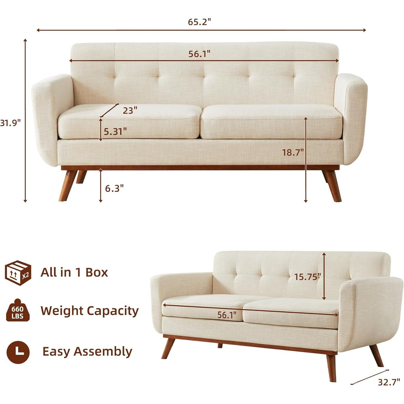 Canapé d'angle capitonné style Mid-Century 65,2 po pour salon et chambre, montage facile (beige)