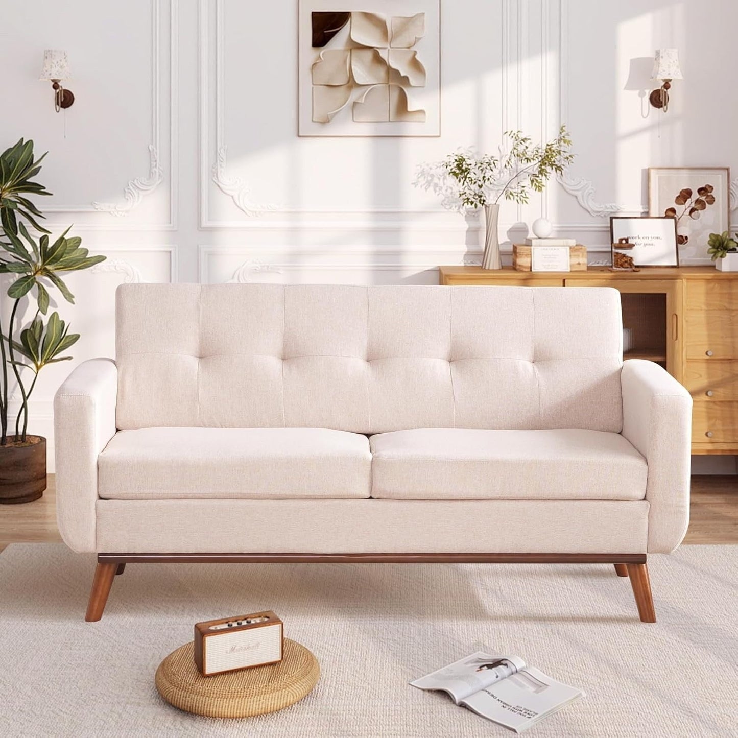 Canapé d'angle capitonné style Mid-Century 65,2 po pour salon et chambre, montage facile (beige)