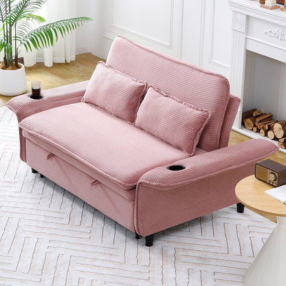 Canapé-lit multifonctionnel en tissu rayé rose de 65,74 pouces, accoudoirs et dossiers réglables