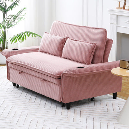 Canapé-lit multifonctionnel en tissu rayé rose de 65,74 pouces, accoudoirs et dossiers réglables