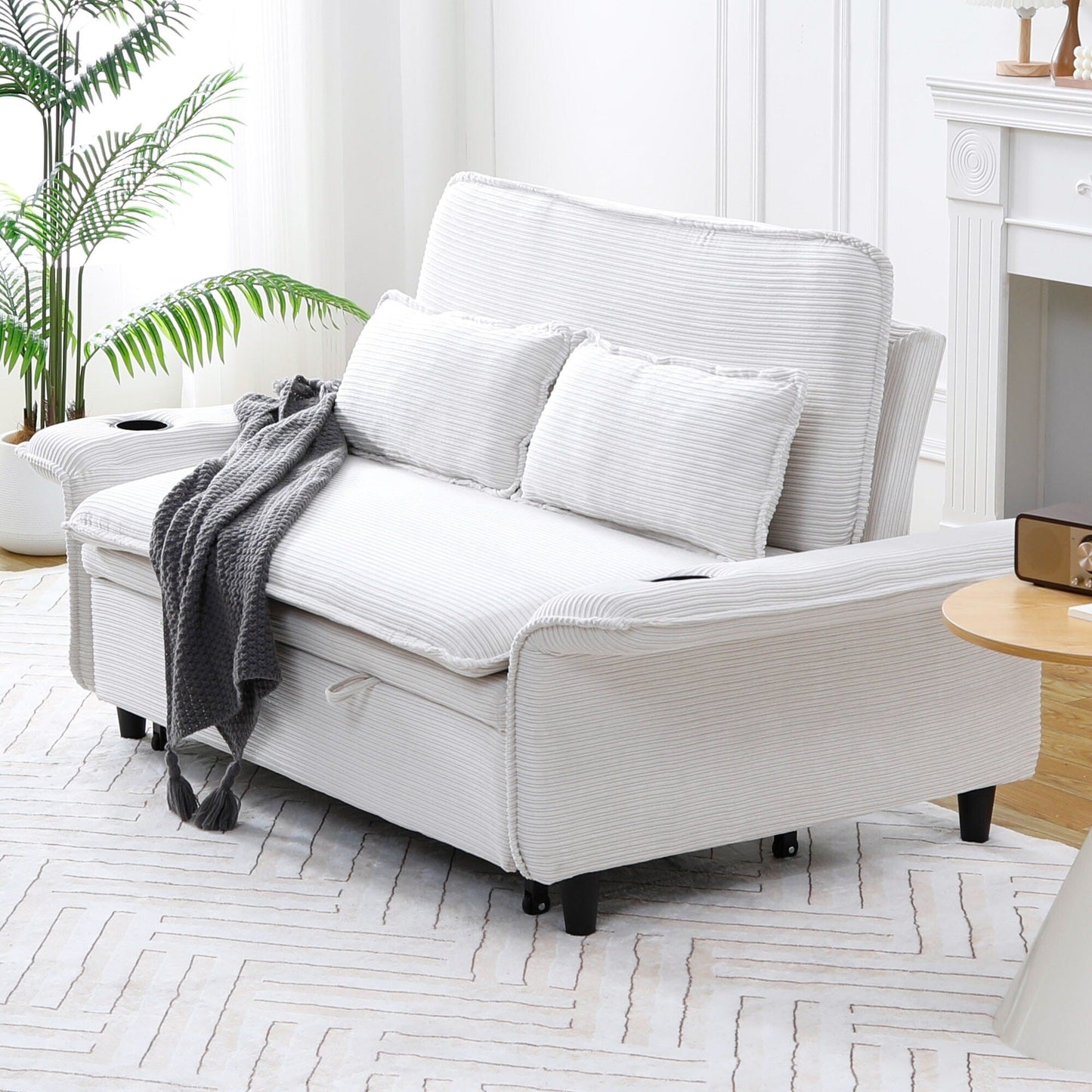 Canapé-lit multifonctionnel en tissu rayé rose de 65,74 pouces, accoudoirs et dossiers réglables