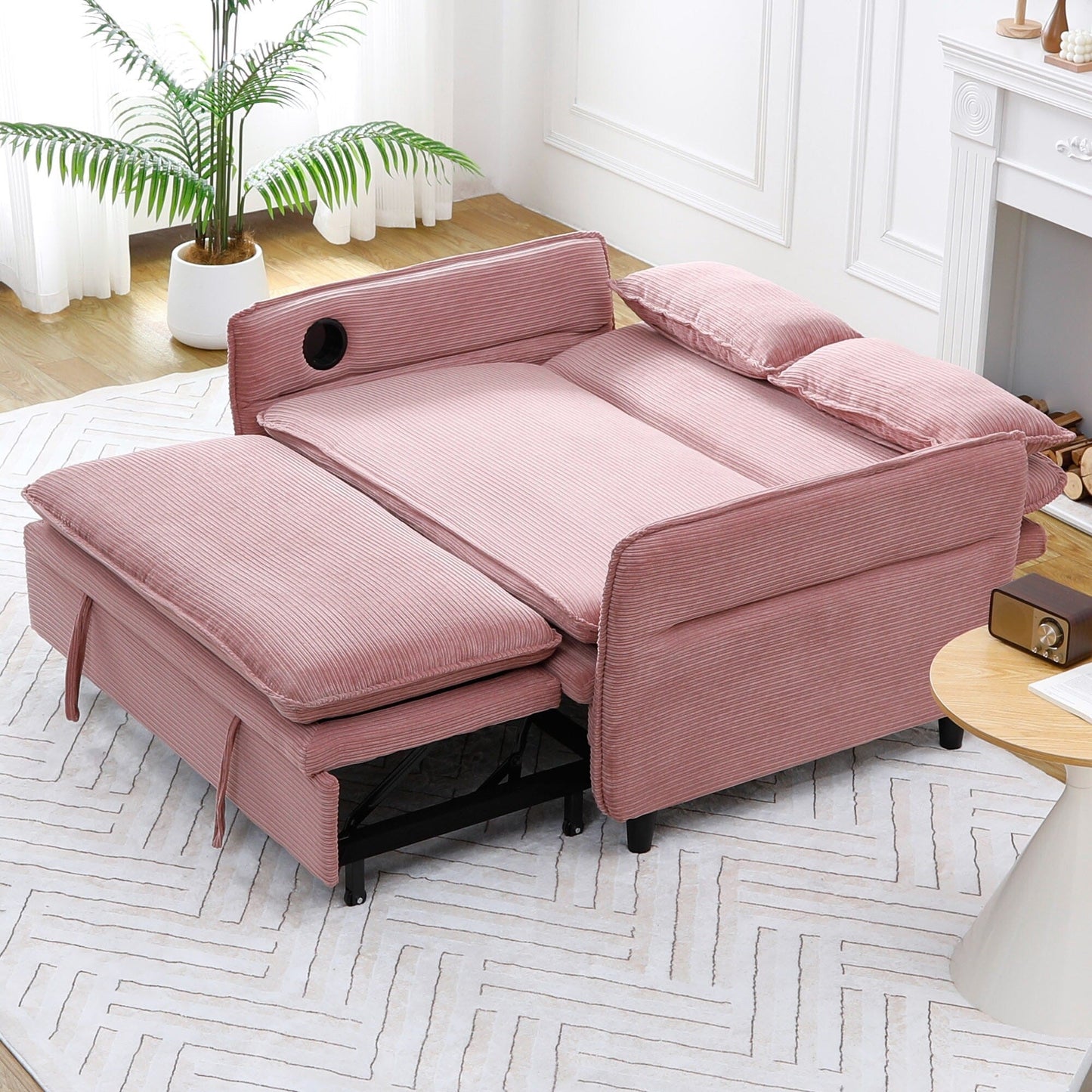 Canapé-lit multifonctionnel en tissu rayé rose de 65,74 pouces, accoudoirs et dossiers réglables