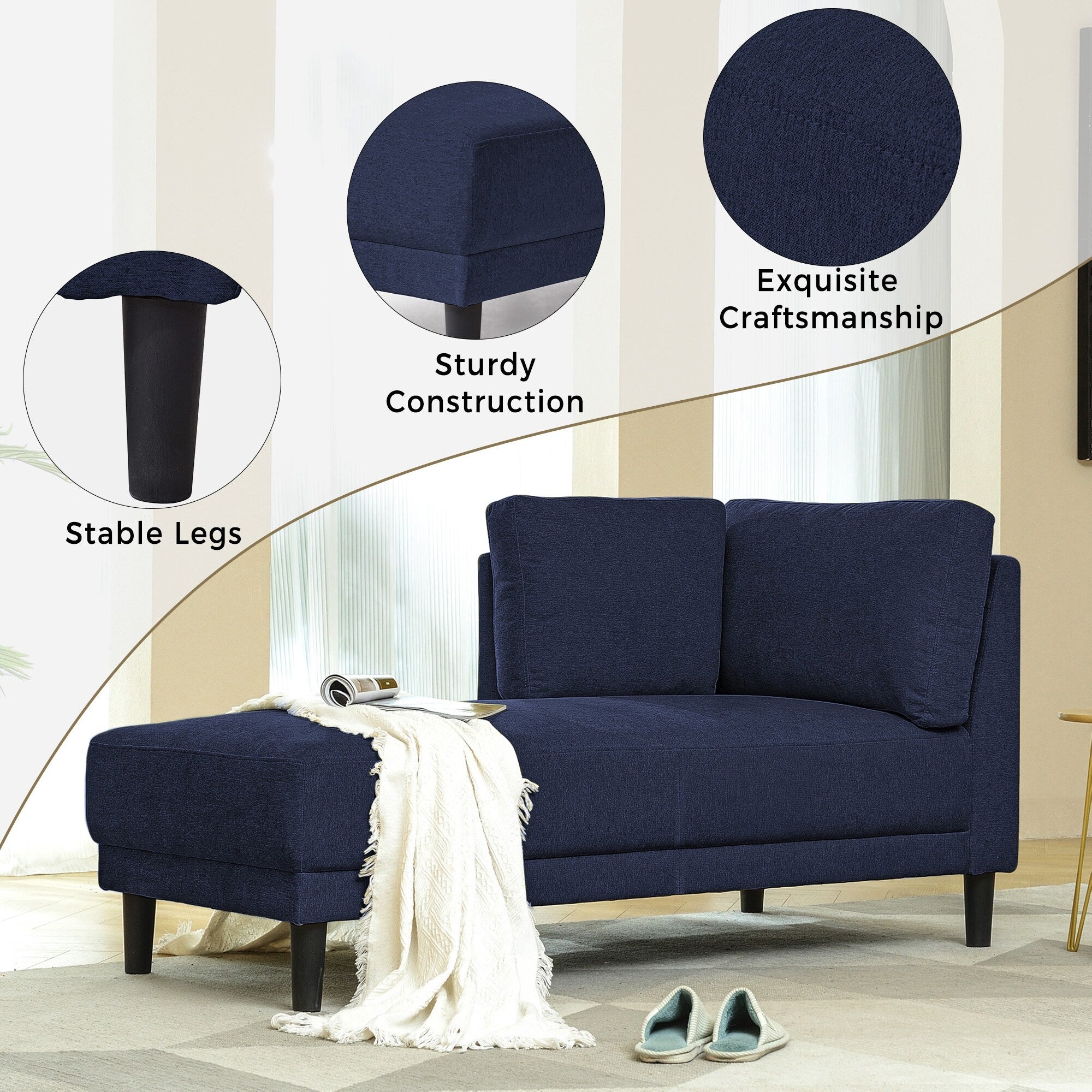 Chaise longue d'angle moderne en lin avec coussins amovibles, canapé-lit, canapé de loisirs, chaise longue rembourrée