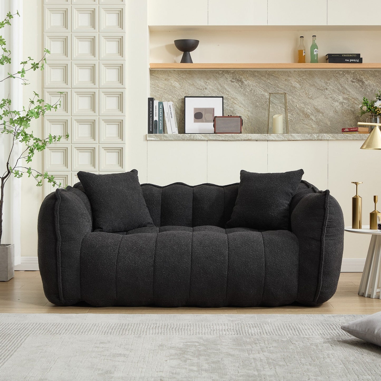 Fauteuil poire en chenille noire de 66 pouces pour deux personnes, canapé inclinable carré en mousse haute résilience pour jeux, lecture, télévision