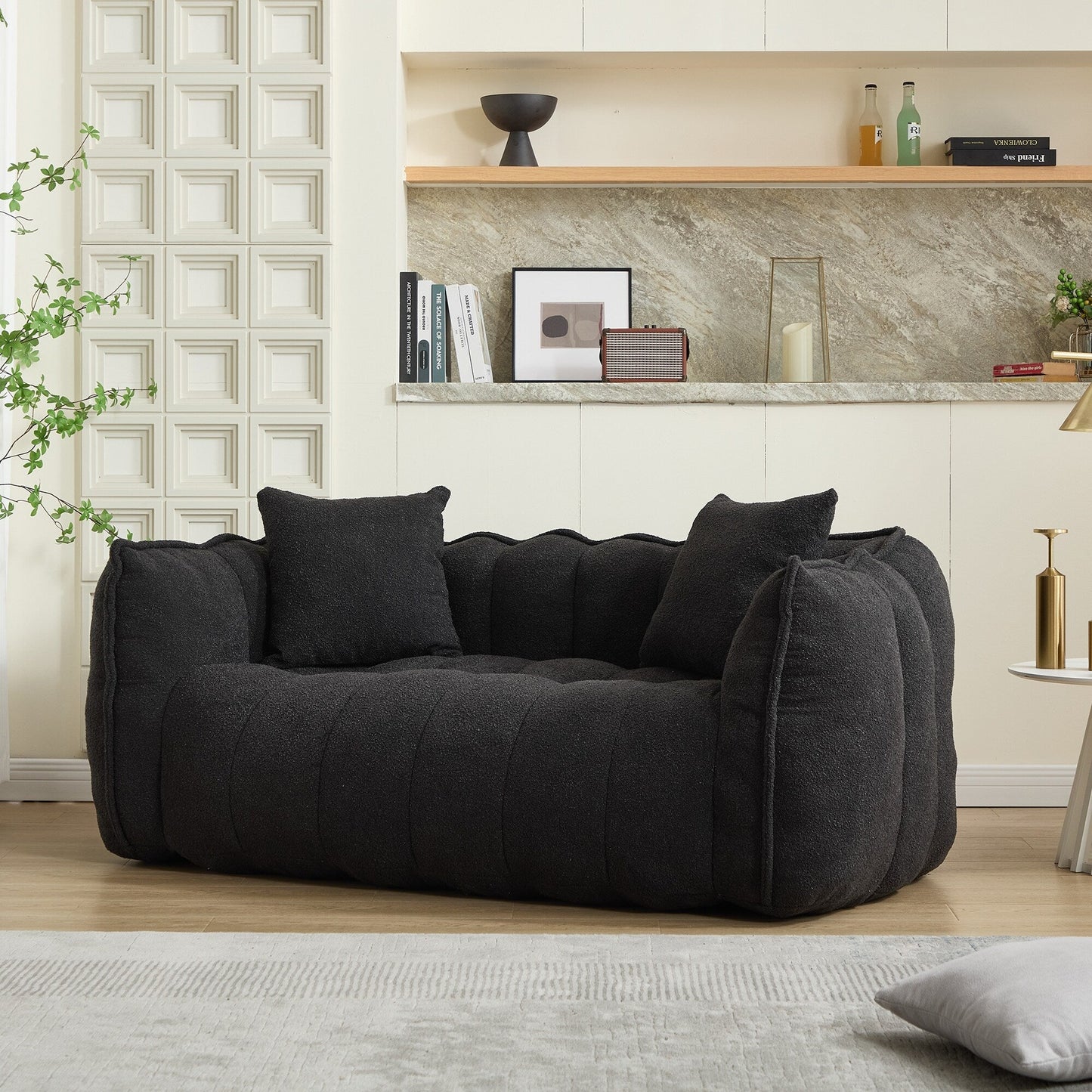 Fauteuil poire en chenille noire de 66 pouces pour deux personnes, canapé inclinable carré en mousse haute résilience pour jeux, lecture, télévision
