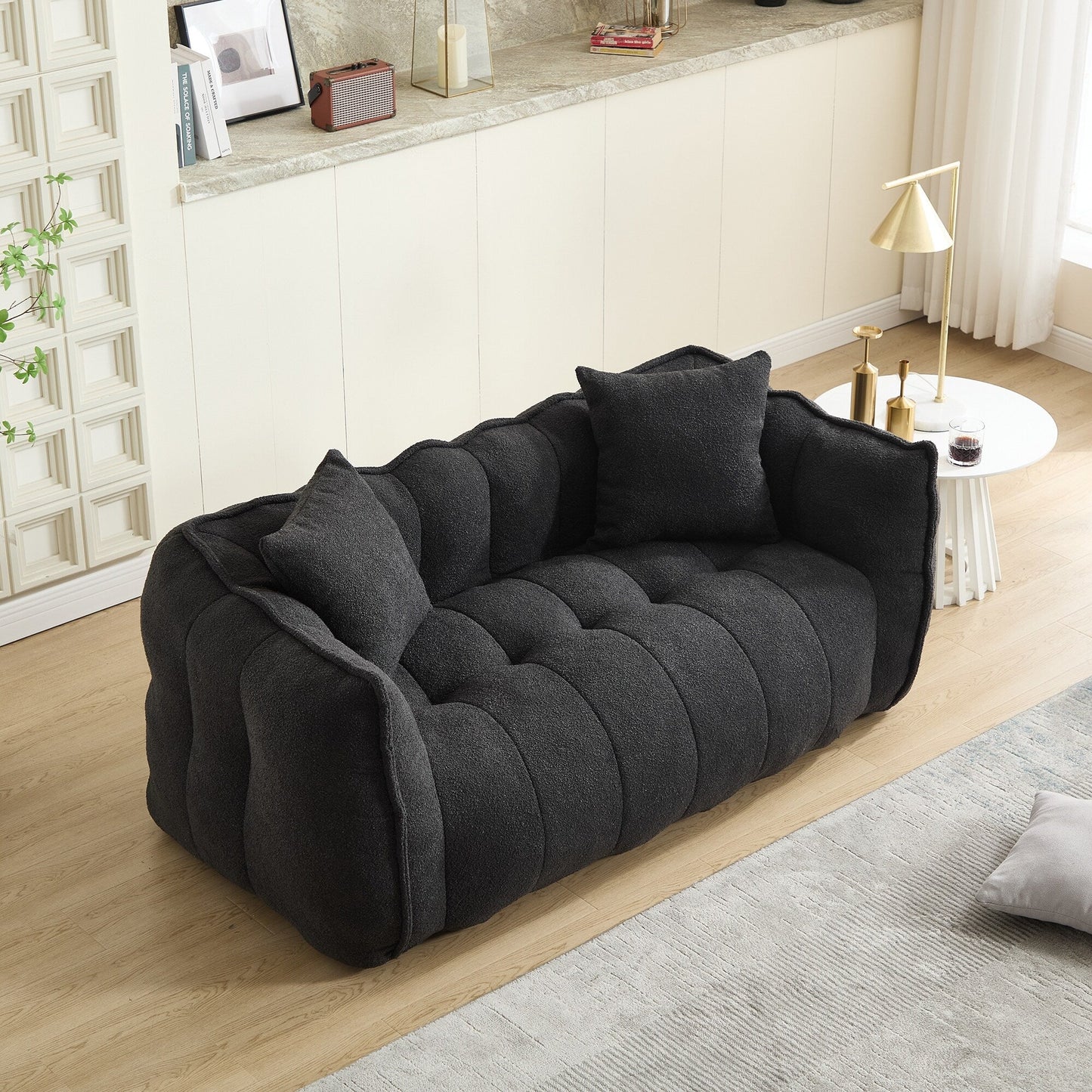Fauteuil poire en chenille noire de 66 pouces pour deux personnes, canapé inclinable carré en mousse haute résilience pour jeux, lecture, télévision