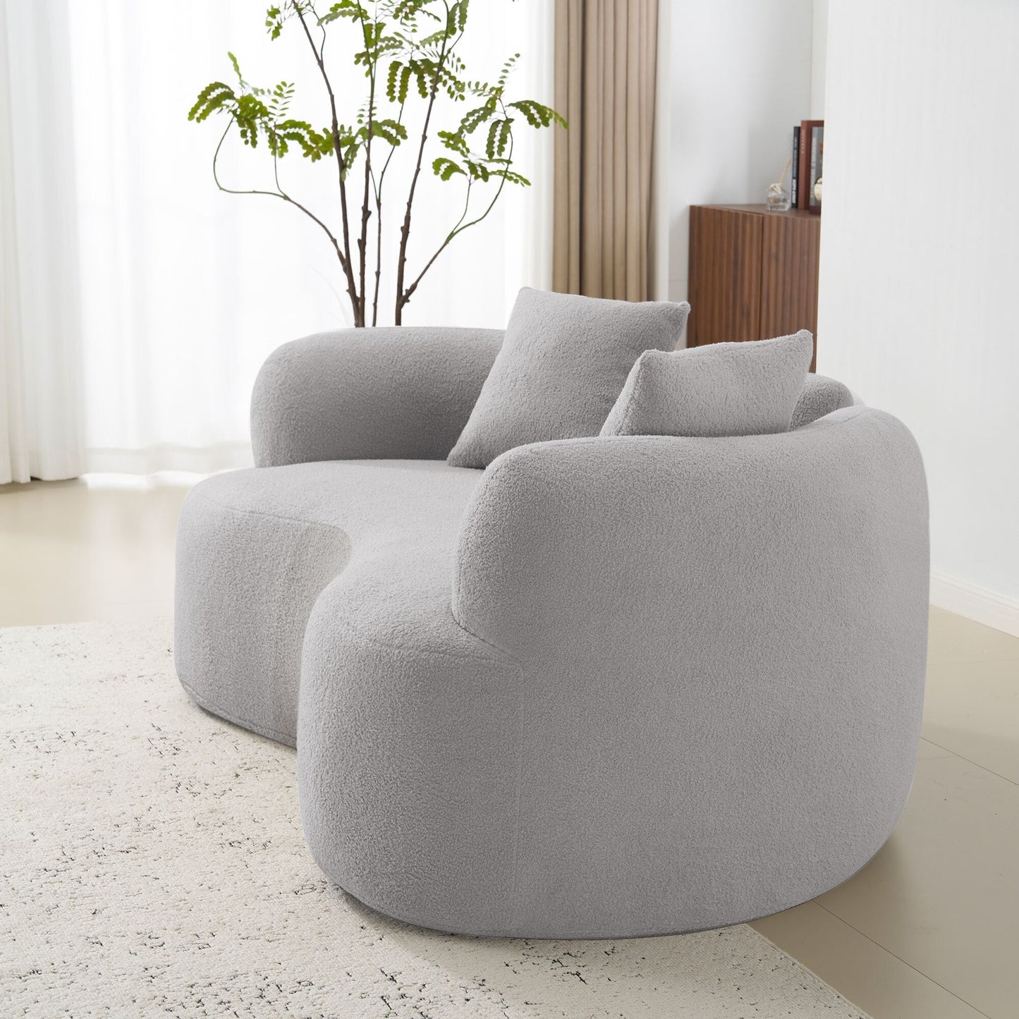 Canapé causeuse incurvé gris de 66,93 pouces, entièrement en éponge de compression, tissu velours Teddy, canapé compact sans assemblage