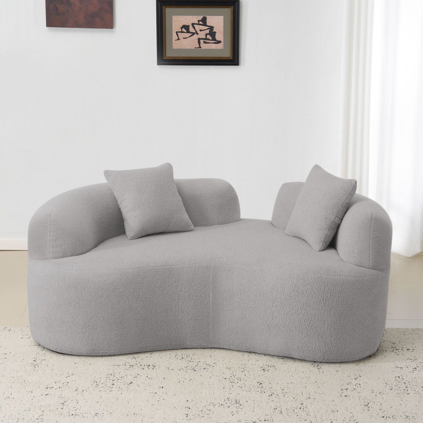 Canapé causeuse incurvé gris de 66,93 pouces, entièrement en éponge de compression, tissu velours Teddy, canapé compact sans assemblage