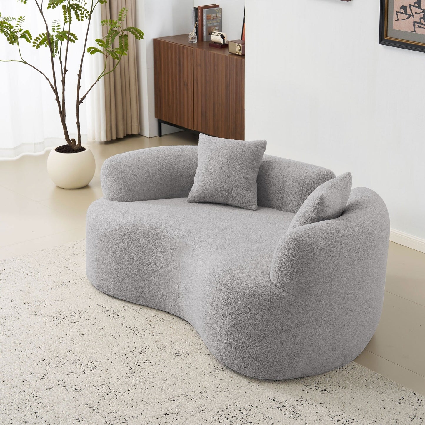 Canapé causeuse incurvé gris de 66,93 pouces, entièrement en éponge de compression, tissu velours Teddy, canapé compact sans assemblage