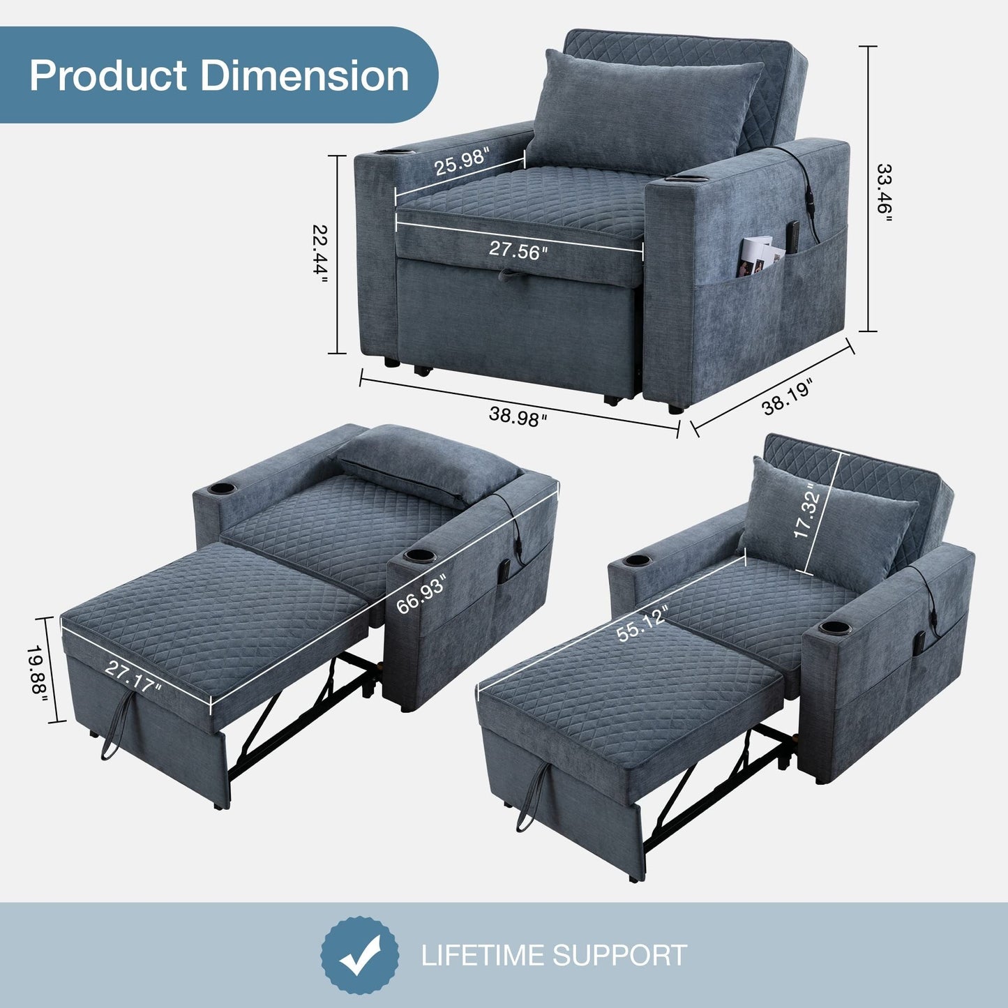 Canapé-lit 2 places en métal 66,93 $, avec coussin chauffant et massant, rangement dissimulé et porte-gobelets