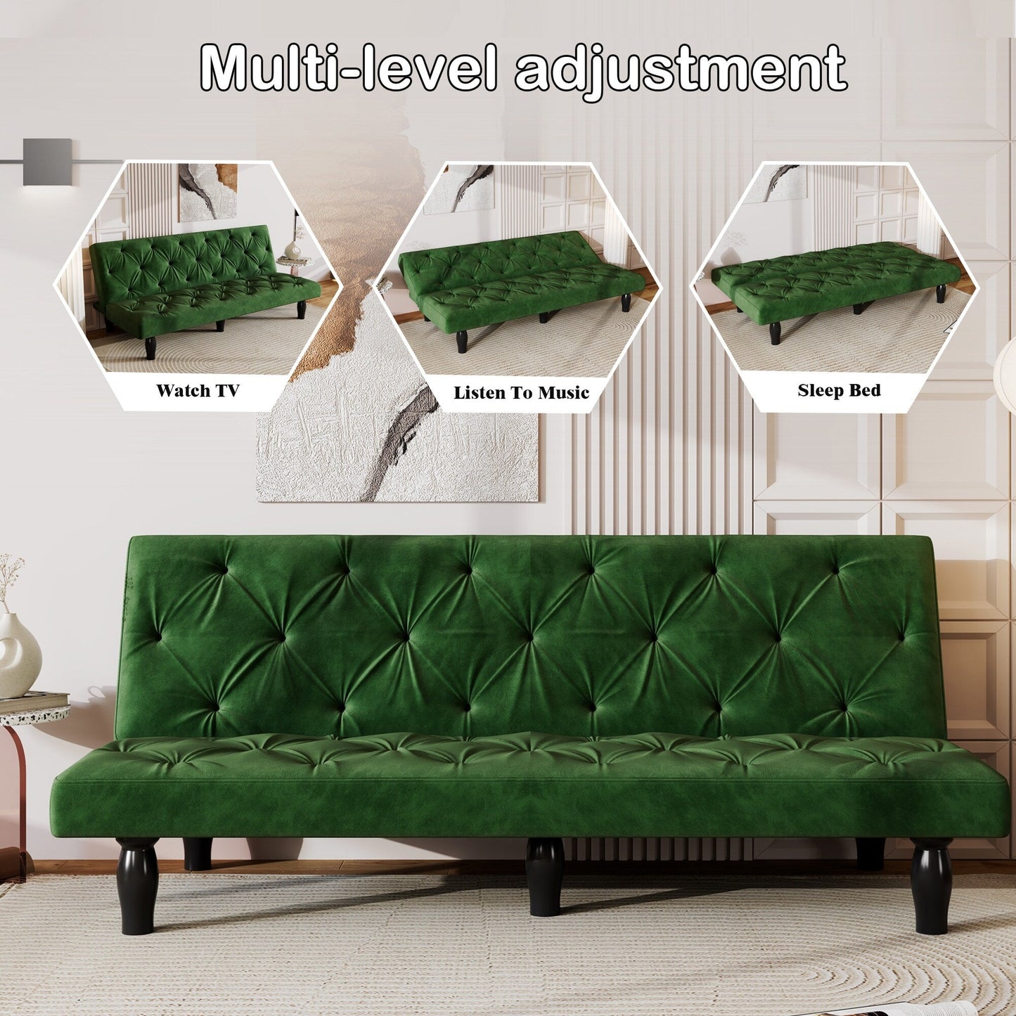 Canapé-lit 3 places en velours 66 avec cadre en bois robuste et coussin en mousse hautement élastique pour le salon