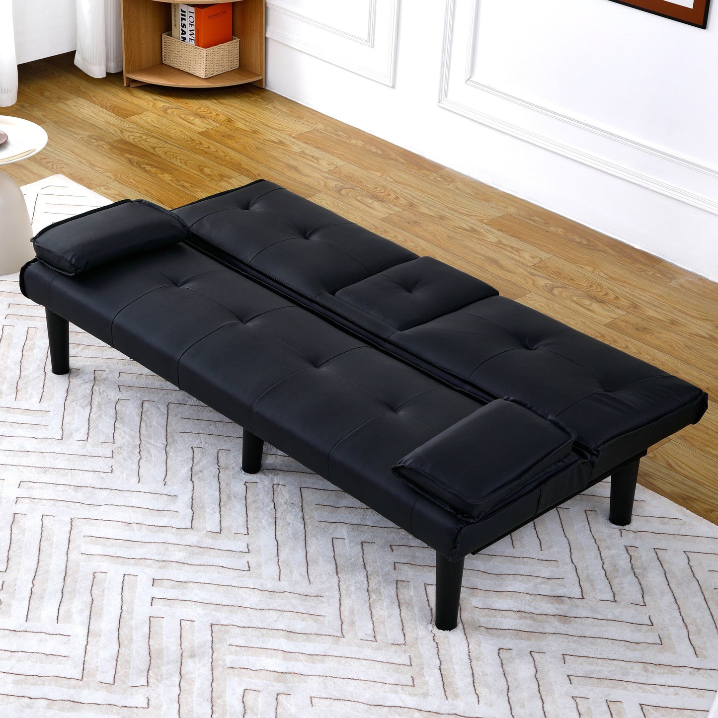 Canapé-lit pliable en PVC noir de 67 pouces avec porte-gobelet pour salon, chambre d'amis, dortoir, bureau