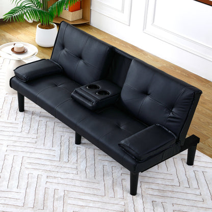 Canapé-lit pliable en PVC noir de 67 pouces avec porte-gobelet pour salon, chambre d'amis, dortoir, bureau