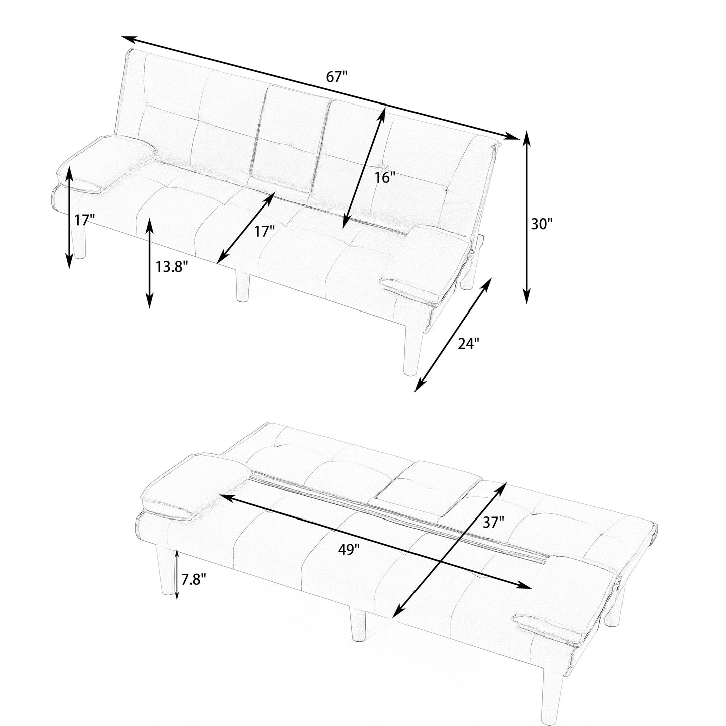 Canapé-lit pliable en PVC noir de 67 pouces avec porte-gobelet pour salon, chambre d'amis, dortoir, bureau