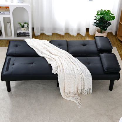 Canapé-lit pliable en PVC noir de 67 pouces avec porte-gobelet pour salon, chambre d'amis, dortoir, bureau