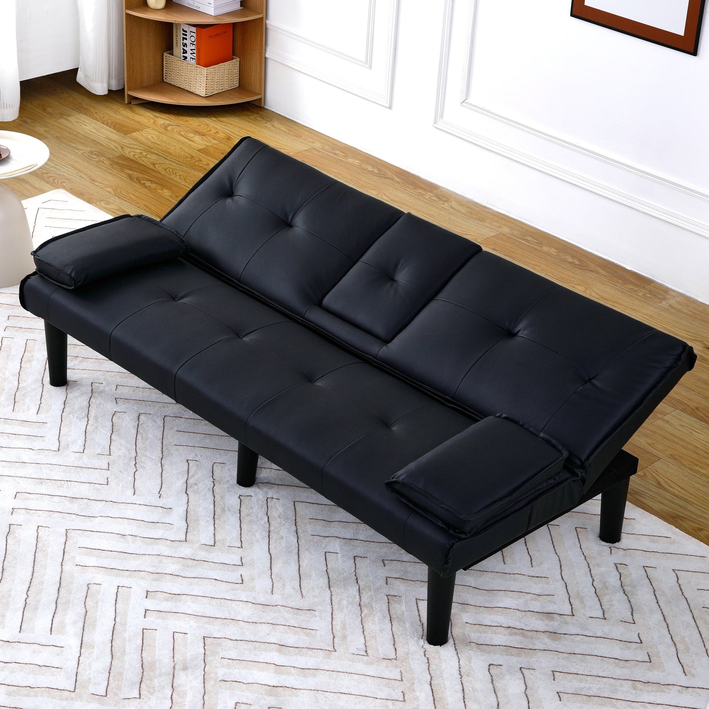 Canapé-lit pliable en PVC noir de 67 pouces avec porte-gobelet pour salon, chambre d'amis, dortoir, bureau