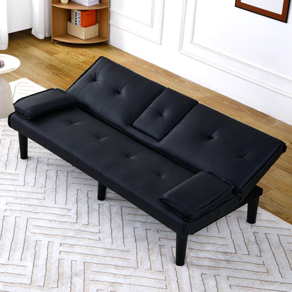 Canapé-lit pliable en PVC noir de 67 pouces avec porte-gobelet pour salon, chambre d'amis, dortoir, bureau