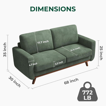 Canapé causeuse en velours côtelé vert 68 po - Coussin à ressorts confortable et cadre en bois massif, assise profonde et moderne pour salon et bureau