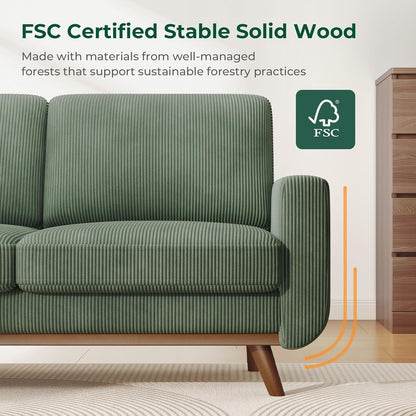 Canapé causeuse en velours côtelé vert 68 po - Coussin à ressorts confortable et cadre en bois massif, assise profonde et moderne pour salon et bureau
