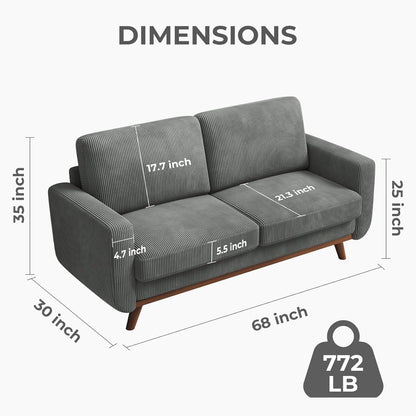 Canapé causeuse en velours côtelé vert 68 po - Coussin à ressorts confortable et cadre en bois massif, assise profonde et moderne pour salon et bureau