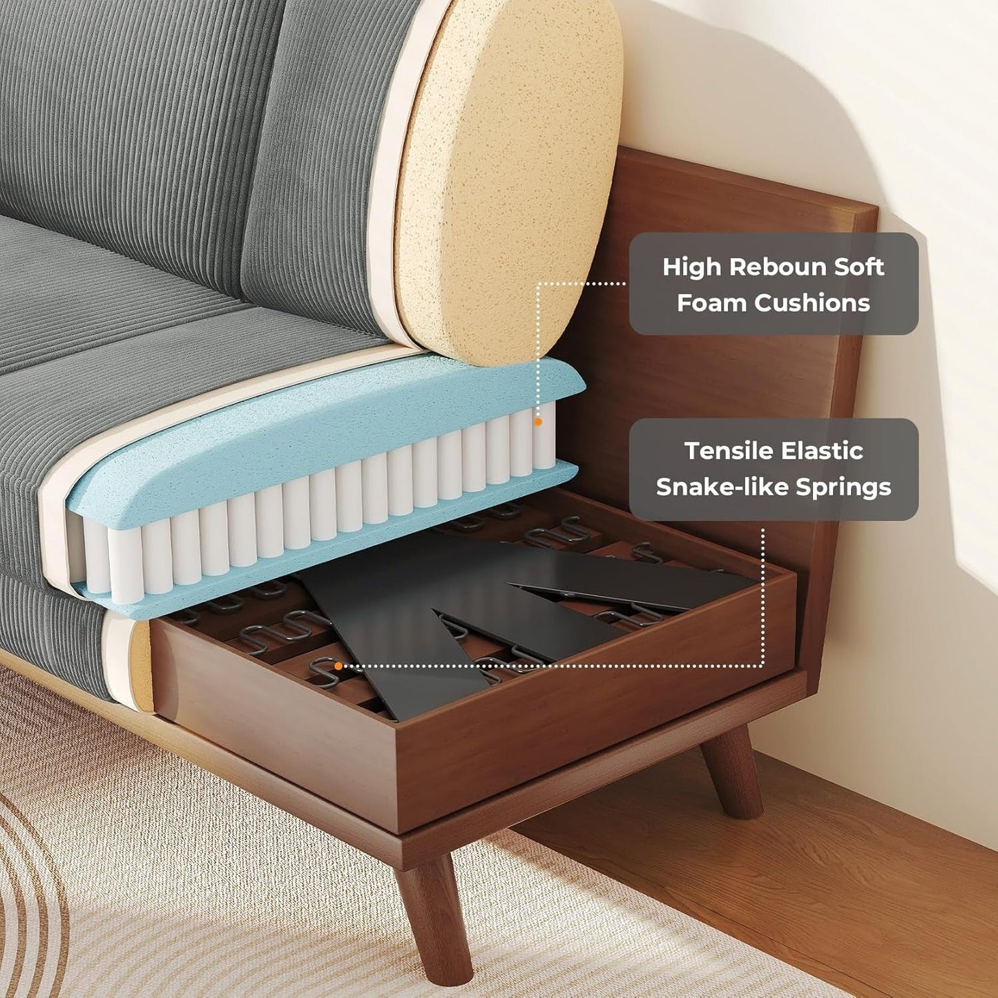 Canapé causeuse en velours côtelé vert 68 po - Coussin à ressorts confortable et cadre en bois massif, assise profonde et moderne pour salon et bureau