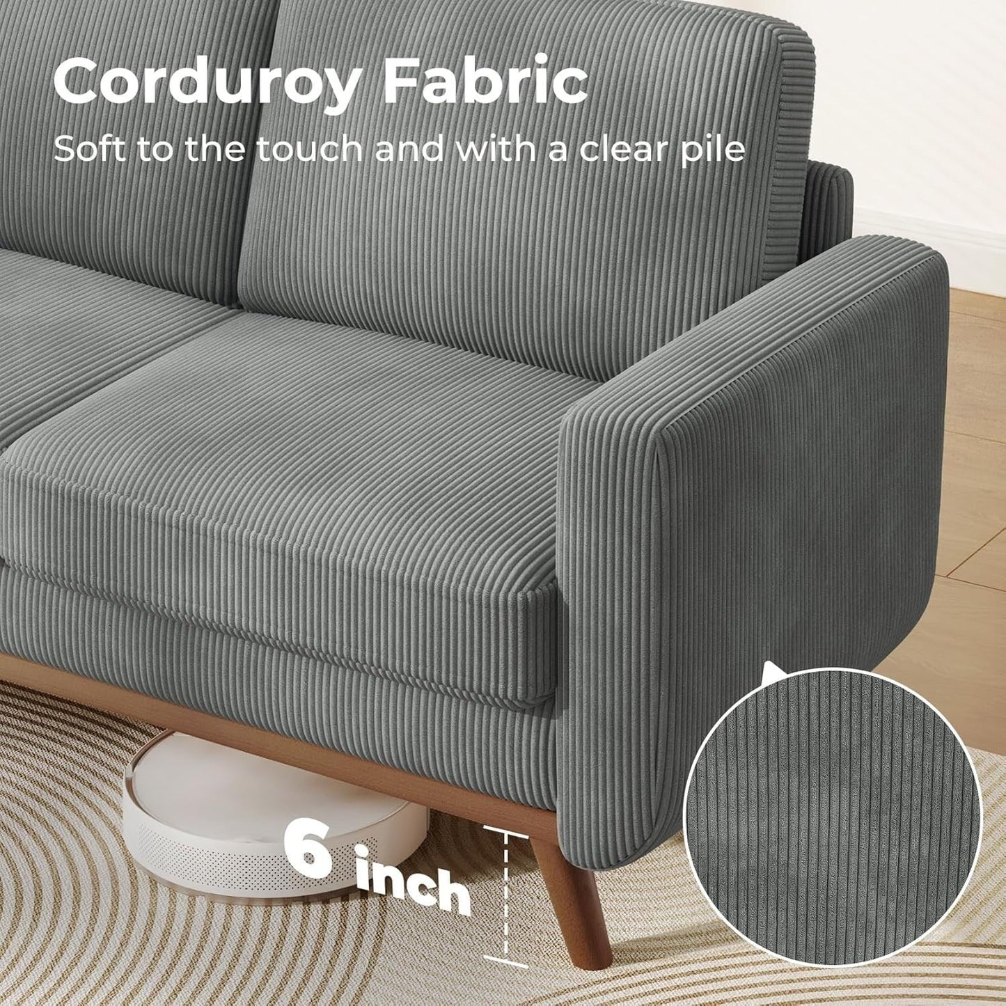 Canapé causeuse en velours côtelé vert 68 po - Coussin à ressorts confortable et cadre en bois massif, assise profonde et moderne pour salon et bureau