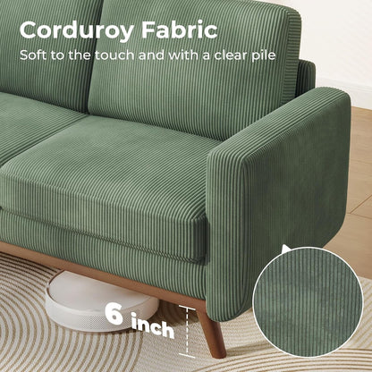 Canapé causeuse en velours côtelé vert 68 po - Coussin à ressorts confortable et cadre en bois massif, assise profonde et moderne pour salon et bureau