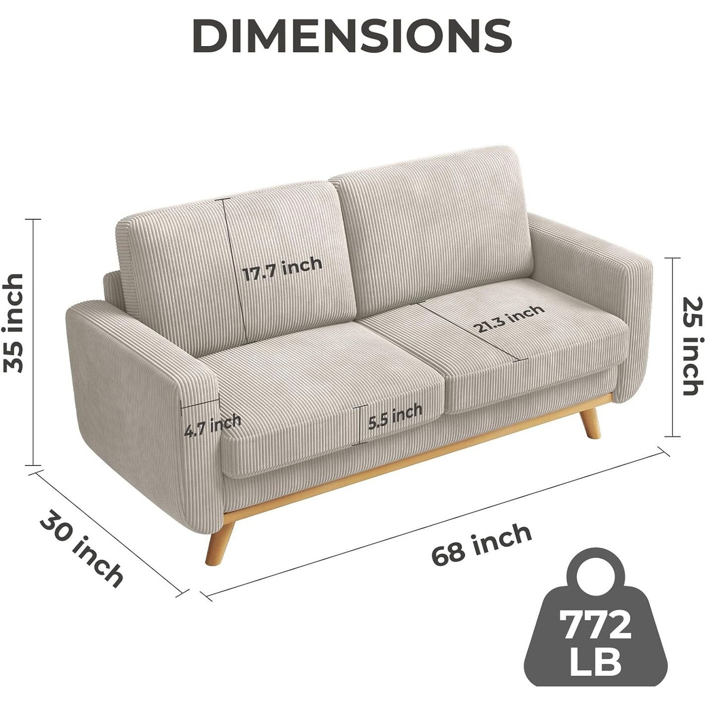 Canapé causeuse en velours côtelé vert 68 po - Coussin à ressorts confortable et cadre en bois massif, assise profonde et moderne pour salon et bureau